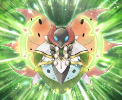 alder_(arc_suit)_(pokemon) alder_(pokemon) alder_(pokemon)_(cosplay) antennae blue_eyes cosplay gen_5_pokemon green_halo halo insect_wings mofu_(pk3566) nintendo no_humans official_alternate_costume pokemon pokemon_(creature) pokemon_focus pokemon_masters_ex solo volcarona white_fur wings
