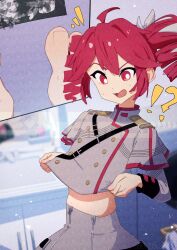 !? 1girl ahoge belt black_belt black_sleeve_cuffs bow bright_pupils buttons commentary_request double-breasted fin_gocco grey_jacket grey_skirt hair_between_eyes hair_bow hair_ribbon highres indoors jacket kasane_teto kasane_teto_(sv) layered_sleeves long_sleeves looking_at_viewer midriff open_mouth red_eyes red_trim ribbon shoulder_belt shoulder_boards skirt solo striped_clothes striped_jacket sweat synthesizer_v upper_body utau white_bow white_pupils white_ribbon