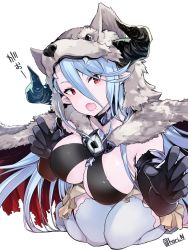 1girl alternate_costume animal_ears animal_hood artist_name berserker_(granblue_fantasy) black_gloves blue_hair blush breasts cleavage detached_collar draph fangs female_focus gloves granblue_fantasy hair_between_eyes highres hood horns izmir kneeling large_breasts leaning_forward long_hair looking_at_viewer mole mole_under_mouth nino_(shira) open_mouth pelt pointy_ears red_eyes simple_background solo thighs very_long_hair white_background white_legwear