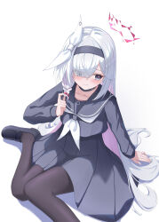 1girl 3: absurdres arm_support black_choker black_hairband black_pantyhose black_sailor_collar black_serafuku black_shirt black_shoes black_skirt blue_archive blunt_bangs blush bow braid choker closed_mouth colored_inner_hair commentary dere_mono_j distorted_halo embarrassed eyelashes eyes_visible_through_hair foot_out_of_frame from_above furrowed_brow hair_bow hair_over_one_eye hairband halo hand_up high-waist_skirt highres loafers long_bangs long_hair long_sleeves looking_to_the_side mismatched_pupils multicolored_hair neckerchief pantyhose pink_hair plana_(blue_archive) playing_with_own_hair pleated_skirt red_halo red_pupils sailor_collar school_uniform serafuku shadow shirt shoes simple_background single_braid sitting skirt solo straight_hair sweatdrop very_long_hair wariza white_background white_bow white_hair white_neckerchief