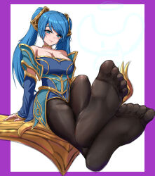 1girl absurdres blue_eyes blue_hair blush cursedc feet highres league_of_legends long_hair looking_at_viewer pantyhose smile soles sona_(league_of_legends) toes twintails