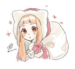 Rule 34 | 1girl, blue bow, blush, bow, brown eyes, brown hair, capelet, commentary request, cropped torso, fur-trimmed hood, fur-trimmed mittens, fur trim, holding, holding sack, hood, hood up, hooded capelet, ichihara nina, idolmaster, idolmaster cinderella girls, idolmaster cinderella girls starlight stage, long hair, looking at viewer, mittens, parted lips, red capelet, red mittens, rino cnc, sack, simple background, solo, thick eyebrows, twitter username, upper body, white background