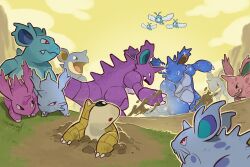 blue_skin cloud colored_skin day fang gen_1_pokemon gen_3_pokemon highres horns nidoking nidoqueen nidoran nidoran_(female) nidoran_(male) nidorina nidorino nintendo open_mouth outdoors pink_skin pokemon pokemon_(creature) purple_skin red_eyes sandshrew single_horn sky squeegool swablu yellow_sky