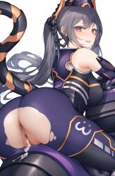 1girl ass ass_focus back biker_clothes bikesuit black_bodysuit black_hair bodysuit breasts cat_mask cum cum_in_pussy cum_overflow cumdump duel_monster fake_tail gloves highres i:p_masquerena large_breasts long_hair looking_at_viewer looking_back mask motor_vehicle motorcycle on_motorcycle pants purple_eyes purple_gloves purple_pants pussy_juice racing_suit sidelocks simple_background smile snm_(sunimi) solo tail tight_clothes tight_pants torn_clothes torn_pants twintails vaginal yu-gi-oh!