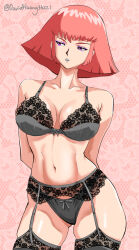 1girl artist_name black_bra black_panties bra breasts commentary david_huang english_commentary floral_background garter_straps gundam gundam_zz haman_karn highres large_breasts lingerie looking_to_the_side panties red_hair solo thighs twitter_username underwear zeta_gundam
