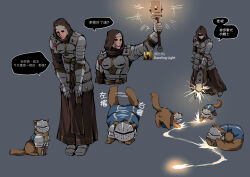 1boy 1girl animal animalization armor armored_dress armored_gloves breastplate brown_cat brown_dress brown_fur brown_hood cat colored_speech_bubble commentary_request crusader_(darkest_dungeon) darkest_dungeon dress faulds helmet highres hood hood_up multiple_views pauldrons person_and_animalization shoulder_armor shoulder_spikes skirt smile speech_bubble spikes tabard tail tail_wagging teeth translation_request vestal_(darkest_dungeon) wasimaymay