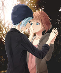 1girl 2girls beanie black_jacket blue_eyes blue_hair brown_hair brown_hoodie chloe_price collarbone commentary_request day from_behind hand_on_another&#039;s_cheek hand_on_another&#039;s_face hat holding_hands hood hoodie jacket kotomiracle life_is_strange_(series) life_is_strange_1 looking_at_another max_caulfield multiple_girls outdoors parted_lips pink_shirt shirt short_hair tree yuri
