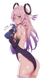 1girl abrokedrawer absurdres ass bare_shoulders blue_eyes blush breasts citlali_(genshin_impact) embarrassed facial_mark from_behind genshin_impact gradient_hair hair_ornament highleg highleg_leotard highres leotard long_hair looking_at_viewer medium_breasts multicolored_hair pink_hair purple_hair sideboob solo thick_thighs thighs very_long_hair