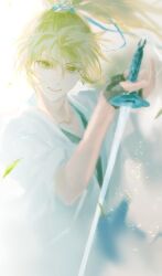 Rule 34 | 1boy, absurdres, bishounen, blonde hair, blue ribbon, blurry, blurry foreground, chinese clothes, chinese commentary, driedpersimmonisverydelicious, earrings, falling leaves, floating hair, hair between eyes, hair ribbon, hanfu, highres, holding, holding sword, holding weapon, huang shaotian, huang shaotian (troubling rain), jewelry, jian (weapon), leaf, light particles, long hair, looking at viewer, male focus, official alternate costume, official alternate hair length, official alternate hairstyle, ponytail, quan zhi gao shou, ribbon, ribboned xiao guan, robe, smile, solo, sword, upper body, weapon, white background, white hanfu, xiao guan (headdress), yellow eyes