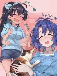 2girls animal antenna_hair black_hair blue_hair blue_shirt blush cat closed_eyes commentary_request earrings fang ganaha_hibiki highres holding holding_animal holding_cat hoop_earrings idolmaster idolmaster_(classic) idolmaster_million_live! jewelry long_hair long_sleeves multiple_girls open_mouth polka_dot ponytail shirt short_hair short_shorts short_sleeves shorts standing sutora_binsuke toyokawa_fuka