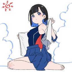 1girl barefoot black_hair blue_eyes blue_one-piece_swimsuit blue_skirt bob_cut casual_one-piece_swimsuit from_side hair_ornament hairclip highres looking_at_viewer matatabeat one-piece_swimsuit open_clothes open_shirt original partially_undressed pleated_skirt seiza shirt sitting skirt solo sun swimsuit undressing white_shirt