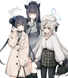 3girls absurdres animal_ears bag beret black_bag black_hair black_pantyhose blue_archive breasts brown_coat chinese_commentary cleavage closed_eyes closed_mouth coat commentary_request double_bun grey_hair hair_bun halo hand_up hat highres holding holding_bag kisaki_(blue_archive) kokona_(blue_archive) long_hair long_sleeves looking_at_another migolu multicolored_hair multiple_girls open_mouth pantyhose shun_(blue_archive) simple_background skirt smile standing streaked_hair sweater turtleneck turtleneck_sweater watermark weibo_watermark white_background
