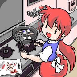 13th_coffin 1girl :d blood cannibalism cooking cutting_board eyeball frying_pan guro indoors jaggy_lines kitchen knife low_ponytail lowres oekaki open_mouth original ponytail red_hair red_skirt severed_finger severed_hand short_sleeves sink skirt smile solo spatula stove