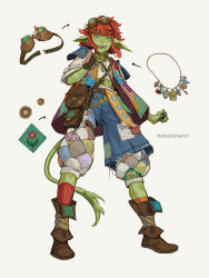 1girl absurdres armor bag belt bloomers blue_eyes boots brown_boots colored_skin female_goblin freckles from_below goblin goggles green_skin highres jacket jewelry necklace open_mouth orange_hair original pants pointy_ears shannon_xie short_hair shoulder_armor socks solo underwear white_background