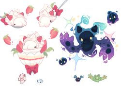 ._. :3 alcremie alcremie_(strawberry_sweet) alcremie_(vanilla_cream) bad_id bad_tumblr_id charamells commentary cosmog creature duosion english_commentary floating food fruit fusion gen_5_pokemon gen_7_pokemon gen_8_pokemon highres legendary_pokemon looking_at_viewer multiple_fusions nintendo no_humans pokemon pokemon_(creature) reuniclus simple_background snom solosis spoon strawberry white_background yellow_eyes