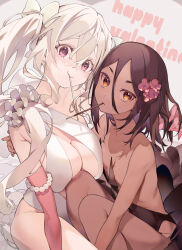 2girls absurdres amana_(pocketkey) armpit_crease bikini bow breasts brown_hair dark-skinned_female dark_skin elbow_gloves eyelashes fingernails food food_in_mouth gem gloves hair_between_eyes happy_valentine highres large_breasts long_hair looking_at_viewer multiple_girls orange_eyes original pearl_(gemstone) pocky pocky_in_mouth red_eyes sidelocks sitting small_breasts swimsuit white_bow white_hair
