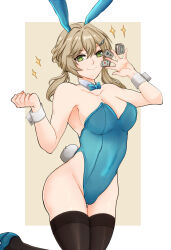 Rule 34 | 1girl, absurdres, alternate breast size, alternate costume, animal ears, aqua bow, aqua bowtie, aqua leotard, bare arms, bare shoulders, black thighhighs, bow, bowtie, breasts, brown hair, collarbone, covered navel, cowboy shot, detached collar, fake animal ears, fake tail, green eyes, hair between eyes, hair ornament, hairclip, highleg, highleg leotard, highres, holding, holding mahjong tile, honkai: star rail, honkai (series), large breasts, leotard, long hair, mahjong, mahjong tile, playboy bunny, qingque (honkai: star rail), rabbit ears, rabbit tail, sierra117renner, smile, solo, star (symbol), strapless, strapless leotard, tail, thighhighs, twintails, wrist cuffs