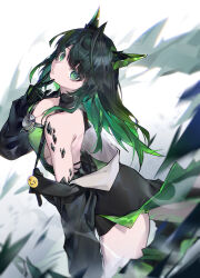 Rule 34 | 1girl, absurdres, ahoge, animal ears, arknights, bare shoulders, black gloves, black hair, black jacket, breasts, cleavage, colored inner hair, commentary, crystal tail, dress, from behind, gloves, green dress, green eyes, green hair, green jacket, highres, huge ahoge, jacket, large breasts, long hair, long sleeves, looking at viewer, material growth, mon3tr (arknights), multicolored hair, multicolored jacket, off shoulder, oripathy lesion (arknights), parted lips, sideboob, sidelocks, simple background, sleeves past wrists, solo, stethoscope, stethoscope around neck, toko yuan zi, two-tone hair, v, white background, white jacket