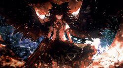 1girl andromeda_(constellation) aquarius_(constellation) aries_(constellation) arm_cannon big_dipper bird_wings black_hair black_skirt black_wings blurry blurry_background bow cancer_(constellation) cape capricorn_(constellation) cassiopeia_(constellation) commentary constellation_print cygnus_(constellation) gemini_(constellation) glowing glowing_eyes hair_bow leo_(constellation) light_particles long_hair looking_at_viewer onsta pegasus_(constellation) pisces_(constellation) reiuji_utsuho scorpius_(constellation) shirt short_sleeves skirt solo starry_sky_print taurus_(constellation) third_eye touhou virgo_(constellation) weapon white_shirt wings xiirus