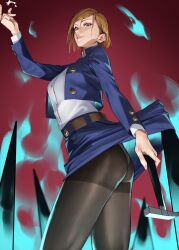 Rule 34 | 1girl, absurdres, ass, belt, black pantyhose, breasts, brown eyes, brown hair, claw hammer, cursed energy (jujutsu kaisen), flick, hammer, highres, jujutsu kaisen, jujutsu tech uniform, kugisaki nobara, large breasts, looking at viewer, panties, panties under pantyhose, pantyhose, pantyshot, parted lips, short hair, simple background, smile, solo, thighs, underwear, yoshio (55level)