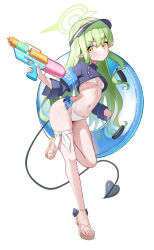 1girl armband bikini black_tail blue_archive blue_armband blue_innertube blue_jacket breasts closed_mouth commentary_request cropped_jacket demon_girl demon_tail full_body green_hair green_halo halo highres hikari_(blue_archive) holding holding_water_gun innertube jacket li_se loli long_hair long_sleeves looking_at_viewer navel pointy_ears sandals simple_background small_breasts solo standing standing_on_one_leg swim_ring swimsuit tail thigh_strap toes v-shaped_eyebrows visor_cap water_gun white_background white_bikini yellow_eyes