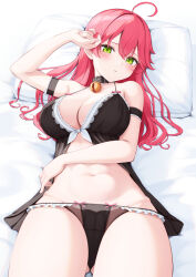 Rule 34 | 1girl, ahoge, arm strap, babydoll, bed sheet, bell, black babydoll, black collar, black panties, blush, breasts, cleavage, collar, commentary, commentary request, double-parted bangs, english commentary, frilled panties, frills, gluteal fold, green eyes, hair between eyes, highres, hololive, jingle bell, large breasts, lingerie, long hair, looking at viewer, lying, navel, neck bell, nyan (reinyan 007), on back, paid reward available, panties, parted lips, pink hair, sakura miko, solo, underwear, underwear only, virtual youtuber
