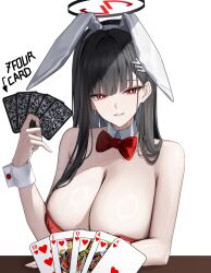 1girl 1other absurdres alternate_costume animal_ears bare_arms bare_shoulders black_hair blue_archive bow bowtie breasts bright_pupils card cleavage commentary_request detached_collar fake_animal_ears hair_ornament hairband halo highres holding holding_card large_breasts leotard long_hair parted_lips pov rabbit_ears red_bow red_bowtie red_eyes red_leotard rio_(blue_archive) royal_flush sab_(sab2500) simple_background smile upper_body white_background white_hairband white_pupils wrist_cuffs