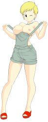Rule 34 | 1girl, blonde hair, breasts, caisama, dragon ball, dragon ball super, earrings, jewelry, large breasts, nipples, one eye closed, short hair, smile, tights (dragon ball)
