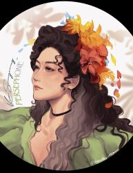 1girl absurdres asian black_eyes black_hair character_name choker closed_mouth curly_hair dress eyelashes flower green_dress hadestown highres long_hair looking_ahead persephone_(hadestown) realistic red_flower solo upper_body vamos_mk
