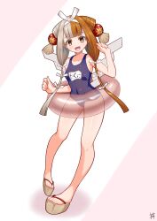 Rule 34 | 1girl, absurdres, bare shoulders, blue one-piece swimsuit, blunt bangs, blush, breasts, brown hair, covered navel, fate/grand order, fate (series), full body, guriguri (arayotto4351), hair ornament, hair ribbon, highres, innertube, izumo no okuni (fate), long hair, looking at viewer, medium breasts, multicolored hair, name tag, one-piece swimsuit, open mouth, ribbon, sandals, sidelocks, smile, solo, split-color hair, swim ring, swimsuit, two-tone hair, white hair, yellow eyes