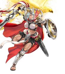 1girl abs arm_shield bird dagr_(fire_emblem) dagr_(sunny_bloom)_(fire_emblem) feet fire_emblem fire_emblem_heroes glowing glowing_animal grey_hair highres holding holding_sword holding_weapon muscular muscular_female nintendo non-web_source official_alternate_costume official_art pelvic_curtain sandals shield solo sword toes weapon