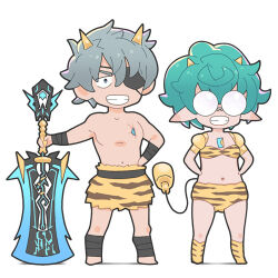 1boy 1girl :d animal_print bikini black_eyes black_hair chest_jewel chibi claymore_(sword) cosplay eyepatch glasses green_hair hands_on_own_hips holding holding_sword holding_weapon lowres lum lum_(cosplay) natto_soup navel open_mouth pandoria_(xenoblade) pointy_ears simple_background smile solo standing stomach swimsuit sword tail tiger_print topless_male urusei_yatsura weapon white_background xenoblade_chronicles_(series) xenoblade_chronicles_2 yellow_bikini zeke_von_genbu_(xenoblade)