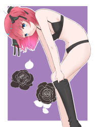 1girl black_bra black_thighhighs bra breasts clothes_lift commentary dressing flower go-toubun_no_hanayome highres lingerie nakano_nino naokifujihito panties red_eyes ribbon rose solo thighhighs underwear