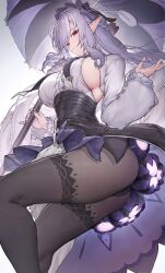 1girl absurdres black_panties black_pantyhose black_skirt bow breasts center_frills closed_mouth commentary dress fingernails frilled_sleeves frills grey_nails hair_bow hand_up highres holding holding_umbrella large_breasts long_hair long_sleeves looking_at_viewer making-of_available marse_(rokudaime) mole mole_under_eye nail_polish overskirt panties panties_under_pantyhose pantyhose parasol patterned_legwear pointy_ears purple_bow purple_hair purple_umbrella red_eyes shrug_(clothing) sideboob sidelocks skirt solo thighs thrusters umbrella underwear very_long_hair vivian_banshee white_dress white_shrug zenless_zone_zero