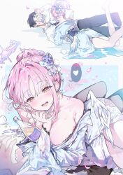 Rule 34 | 0202ase, 1boy, 1girl, absurdres, alternate costume, black hair, black pants, blue archive, blush, breasts, feathered wings, hair bun, hair intakes, halo, heart, highres, japanese clothes, kimono, large breasts, looking at another, low wings, mika (blue archive), multiple views, open mouth, pants, pink hair, pink halo, sensei (blue archive), shirt, single hair bun, spoken heart, white kimono, white shirt, white wings, wings, yellow eyes
