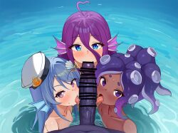 1boy 3girls bar_censor blue_eyes blue_hair censored cooperative_fellatio dark-skinned_female dark_skin erection fellatio fins harem hat head_fins hetero highres indie_virtual_youtuber licking licking_penis loli looking_at_viewer lumi_angler luxuriou_s momma_occo multiple_girls oral partially_submerged penis pink_eyes pov purple_eyes purple_hair sailor_hat teamwork_(sexual) tentacle_hair virtual_youtuber