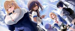 5girls bag beret black_hair blonde_hair blue_cardigan blue_jacket bow bowtie breasts brown_eyes brown_hair bursting_breasts button_gap cardigan dark-skinned_female dark_skin ein_(nikke) eong-geum-eong-geum goddess_of_victory:_nikke gyaru hair_over_one_eye hair_tie_in_mouth hat huge_breasts jacket large_breasts long_hair loose_necktie mouth_hold multiple_girls naga_(nikke) necktie off_shoulder pleated_skirt ponytail purple_hair red_eyes rei_(nikke) school_uniform shirt side_ponytail skirt smile tia_(nikke) v white_shirt zwei_(nikke)
