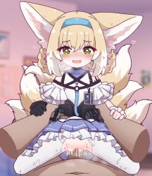 1boy 1girl age_difference animal_ear_fluff animal_ears arknights bedroom black_gloves blonde_hair blue_dress blue_hairband braid censored clothed_female_nude_male cowgirl_position cum cum_in_pussy disembodied_hand dress fox_ears fox_girl fox_tail frilled_dress frilled_skirt frills gloves grabbing_another&#039;s_arm green_eyes hair_between_eyes hairband happy happy_sex heart heart-shaped_pupils hetero id_card indoors infection_monitor_(arknights) kitsune large_ears loli looking_at_viewer material_growth medium_hair mosaic_censoring multicolored_hair multiple_tails navel no_panties nude off-shoulder_dress off_shoulder open_mouth oripathy_lesion_(arknights) pantyhose penis pouch pov pov_crotch pussy rope rottenduck saliva sex shimenawa size_difference skirt straddling suzuran_(arknights) symbol-shaped_pupils tactical_clothes tail torn_clothes torn_pantyhose two-tone_hair vaginal variant_set waist_grab white_fur white_hair white_pantyhose