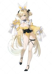Rule 34 | 1girl, :d, animal ears, black bow, black corset, black shoes, blonde hair, blush, bow, breasts, cleavage, corset, detached sleeves, double-parted bangs, frilled corset, frills, full body, green eyes, hair between eyes, hair bow, hair intakes, high heels, highleg, highleg leotard, highres, leotard, long hair, looking at viewer, myaco9, open mouth, original, puffy sleeves, shoes, sleeves past wrists, smile, solo, standing, standing on one leg, thigh strap, watermark, white bow, yellow leotard