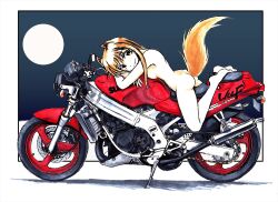 1girl animal_ears completely_nude holo long_hair looking_at_viewer lying motor_vehicle motorcycle nishimiya_makoto nude on_stomach red_hair solo spice_and_wolf suzuki_(company) tail wolf_ears wolf_girl wolf_tail