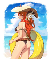 1girl arknights ass back belt bikini black_bikini blue_sky breasts brown_belt cherry cloud commentary cowboy_hat demon_horns dummyeq english_commentary food fruit hat highres holding holding_swim_ring horns innertube long_hair medium_breasts mouth_hold outdoors purple_eyes red_hair revision sky solo surtr_(arknights) swim_ring swimsuit yellow_innertube