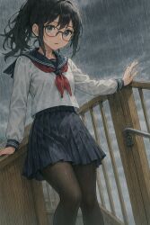 Rule 34 | 1girl, black hair, black pantyhose, blue eyes, breasts, cloud, cloudy sky, dutch angle, feet out of frame, glasses, grey sky, handrail, highres, looking at viewer, medium hair, miniskirt, original, pantyhose, ponytail, rain, school uniform, serafuku, shigyomusume, skirt, sky, small breasts, solo, standing, wet, white serafuku