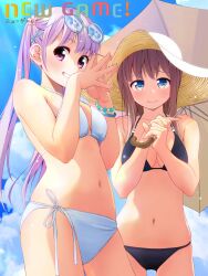 2girls bikini black_bikini blue_sky breasts chuutaro_metal day eyewear_on_head grin hat holding holding_umbrella large_breasts looking_at_viewer multiple_girls navel new_game! outdoors purple_eyes purple_hair side-tie_bikini_bottom sky smile stomach straw_hat sun_hat sunglasses suzukaze_aoba swimsuit takimoto_hifumi umbrella white_bikini