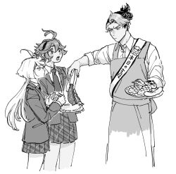 1boy 2girls ahoge apron beef chopsticks guel_jeturk gundam gundam_suisei_no_majo holding holding_chopsticks holding_plate miorine_rembran monochrome multiple_girls oosawa_yayoi plate skirt suletta_mercury