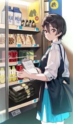 1girl apron black_hair blue_apron blue_skirt can character_request chinese_commentary clipboard closed_mouth commentary_request copyright_request cowboy_shot earrings food food-themed_hair_ornament hair_ornament highres holding holding_can holding_clipboard jewelry looking_at_viewer looking_back milk_carton pleated_skirt pogua_haka red_eyes shirt short_hair skirt sleeves_rolled_up solo stud_earrings watermelon_hair_ornament white_shirt