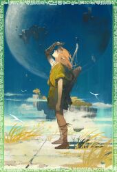 1boy absurdres ajzren ancient_greek_clothes archaic_set_(zelda) arm_up blonde_hair blue_sky border bow_(weapon) chiton cloud commentary earrings floating_rock from_side full_body gladiator_sandals greco-roman_clothes green_border highres hylian_(language) jewelry link long_hair looking_up nintendo orb pointy_ears prosthesis prosthetic_arm quiver sandals single_bare_shoulder sky solo standing symbol-only_commentary the_legend_of_zelda the_legend_of_zelda:_tears_of_the_kingdom tree weapon