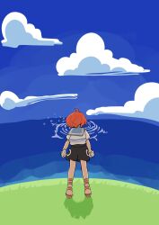 1girl back blue_sailor_collar blue_sky cloud commentary_request full_body grass highres holding holding_paper nami&#039;s_fangirl ocean one_piece one_piece_fan_letter orange_hair paper sailor_collar samarundao shirt_tucked_in short_hair shorts sky solo