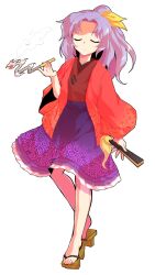 1girl alphes_(style) crying crying_with_eyes_open dairi folded_fan folding_fan full_body geta hand_fan holding holding_fan holding_smoking_pipe japanese_clothes kimono kiseru komakusa_sannyo large_variant_set long_hair looking_at_viewer open_mouth parody purple_hair purple_skirt skirt smoking_pipe solo standing style_parody tachi-e teardrop tears touhou transparent_background unconnected_marketeers variant_set