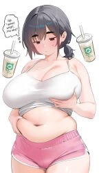 1girl belly_grab black_eyes black_hair breast_lift breasts camisole cleavage clothes_lift cup disposable_cup english_text judies large_breasts looking_down midriff_peek navel original pink_shorts plump ponytail shirt shirt_lift short_hair short_ponytail short_shorts shorts solo standing sweat thick_eyebrows weight_conscious white_background white_shirt
