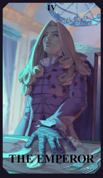 1boy absurdres blonde_hair blood blood_on_clothes blue_eyes blue_light card_(medium) chandelier curly_hair curtains fork formal_clothes frilled_shirt_collar frills funny_valentine gloves gunshot_wound hand_on_table high_ceiling high_collar highres indoors injury jacket jojo_no_kimyou_na_bouken long_hair looking_down napkin nezumi_(tuboshu2013) numbered parted_hair parted_lips placemat plate print_gloves roman_numeral sitting solo steel_ball_run table tarot tarot_(medium) the_emperor_(tarot) thick_eyebrows v-shaped_eyebrows